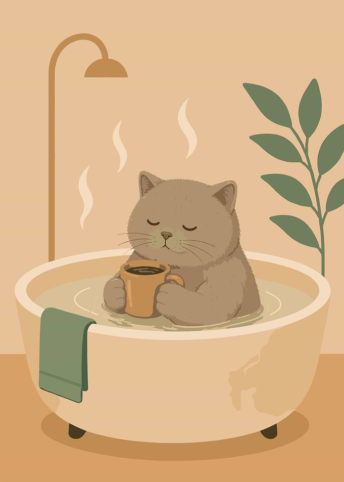 Cat Enjoying a Bath with Coffee