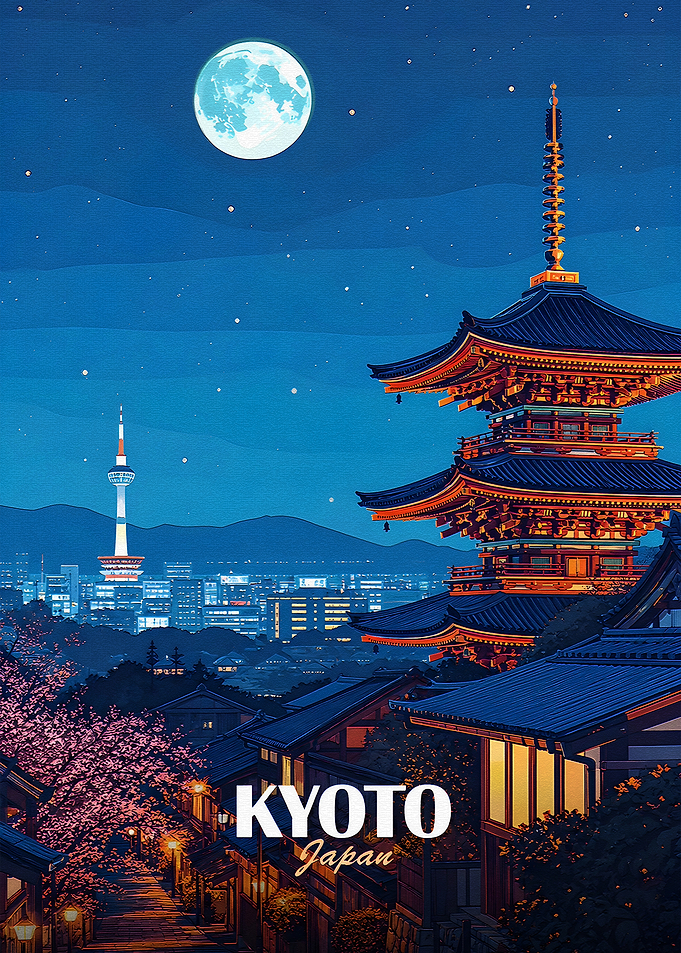 Kyoto at Night with Pagoda and Moon