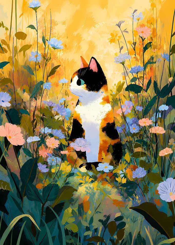 Calico Cat in a Field of Flowers