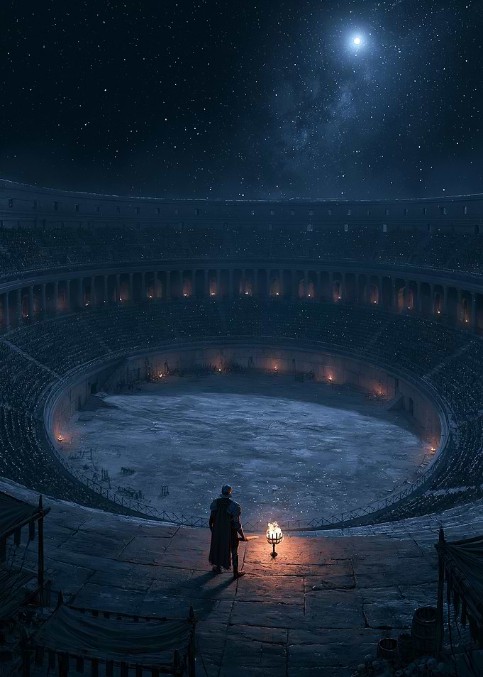 Knight in Ancient Arena Under Starry Sky