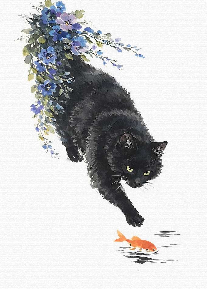 Black Cat and Goldfish Painting