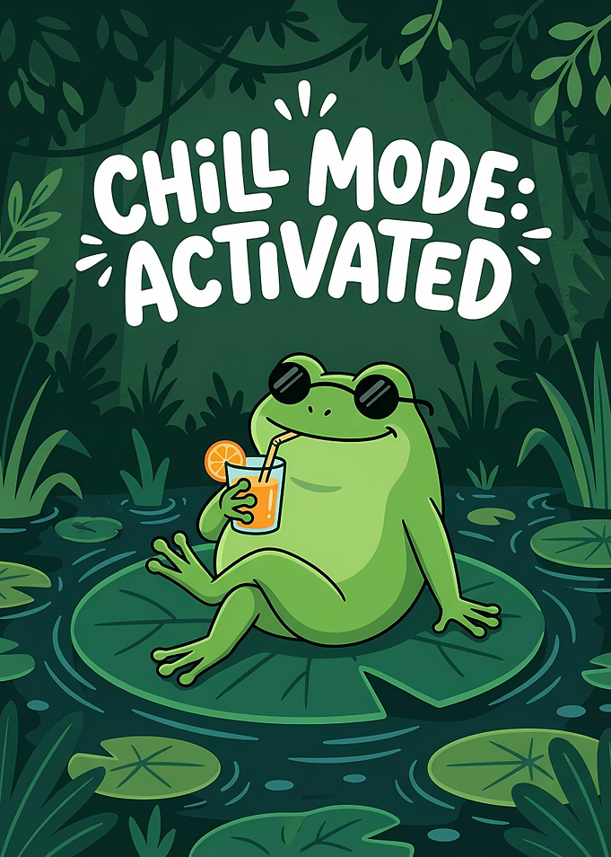 Chill Frog Cartoon Illustration Wearing Sunglasses Relaxing on Lily Pad with Summer Vibes