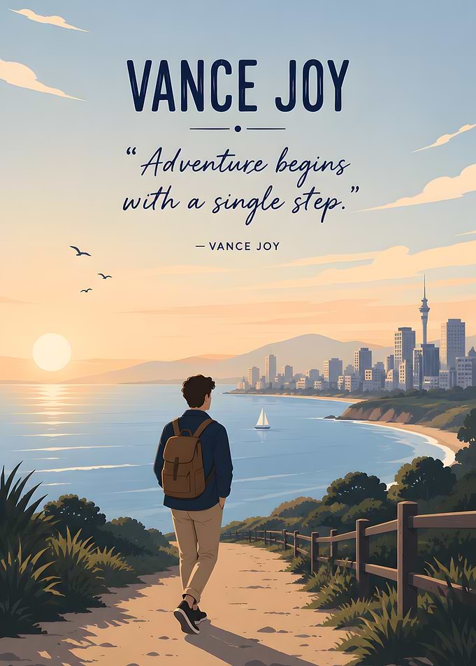 Man walking towards a city by the sea