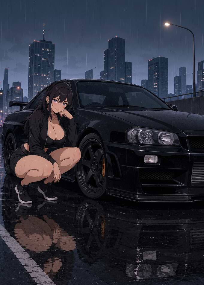 Anime Girl with Sports Car in City