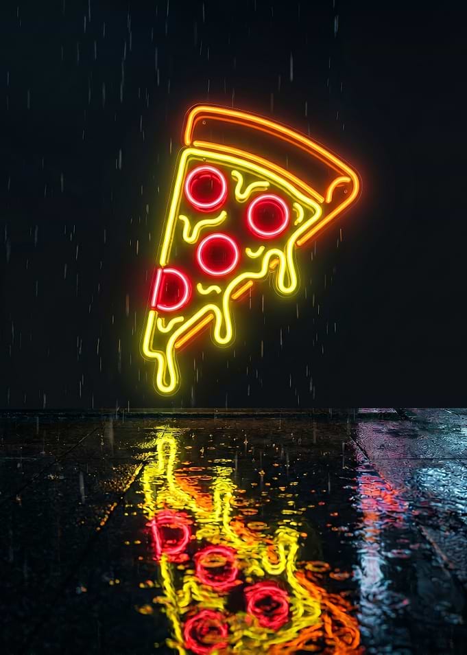 Cyberpunk Neon Pizza Slice Floating Rainy Night Wall Art