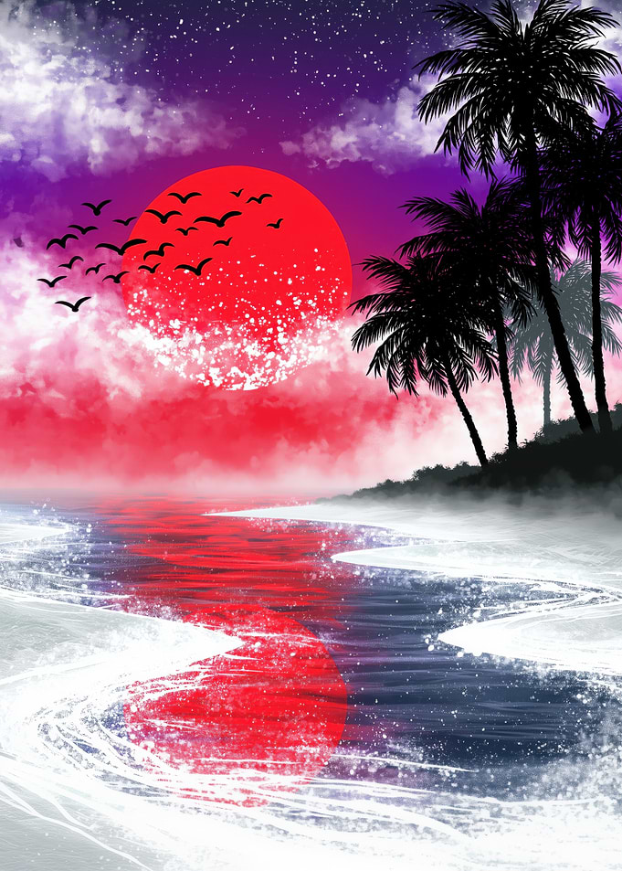Tropical Sunset with Birds and Palm Trees