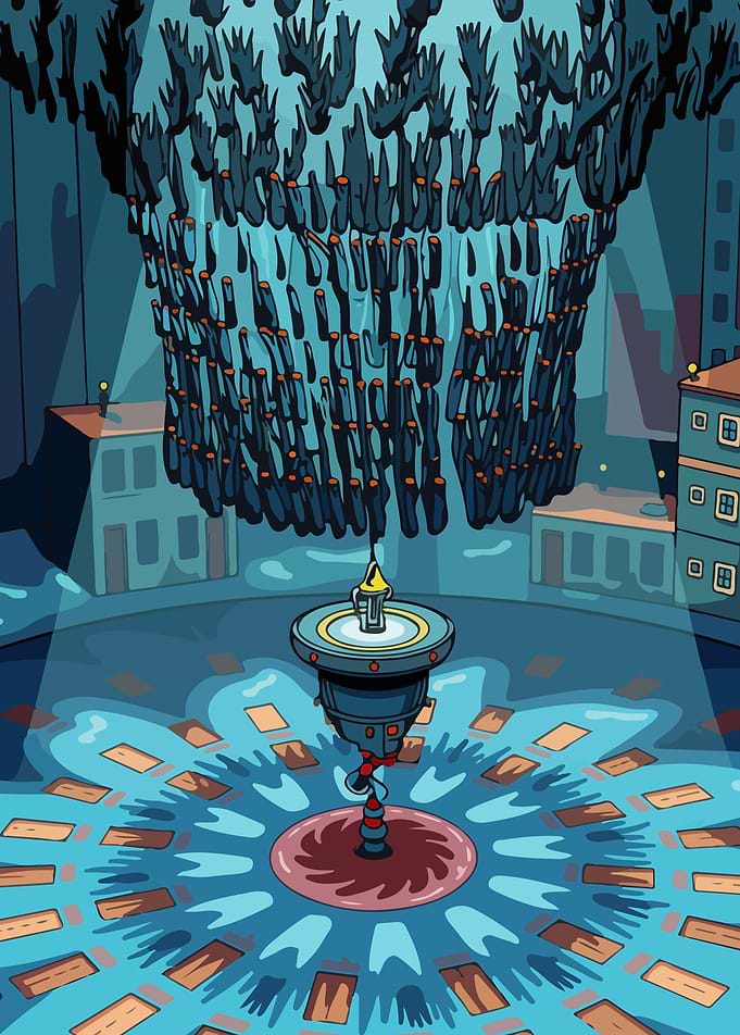 Surreal Cityscape with Chandelier and Fountain