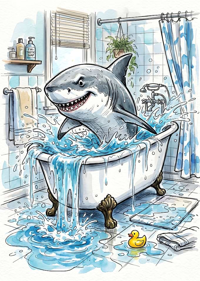 Shark Taking a Bath Watercolor Art