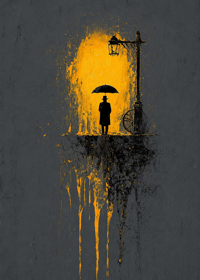 Man with umbrella under street lamp