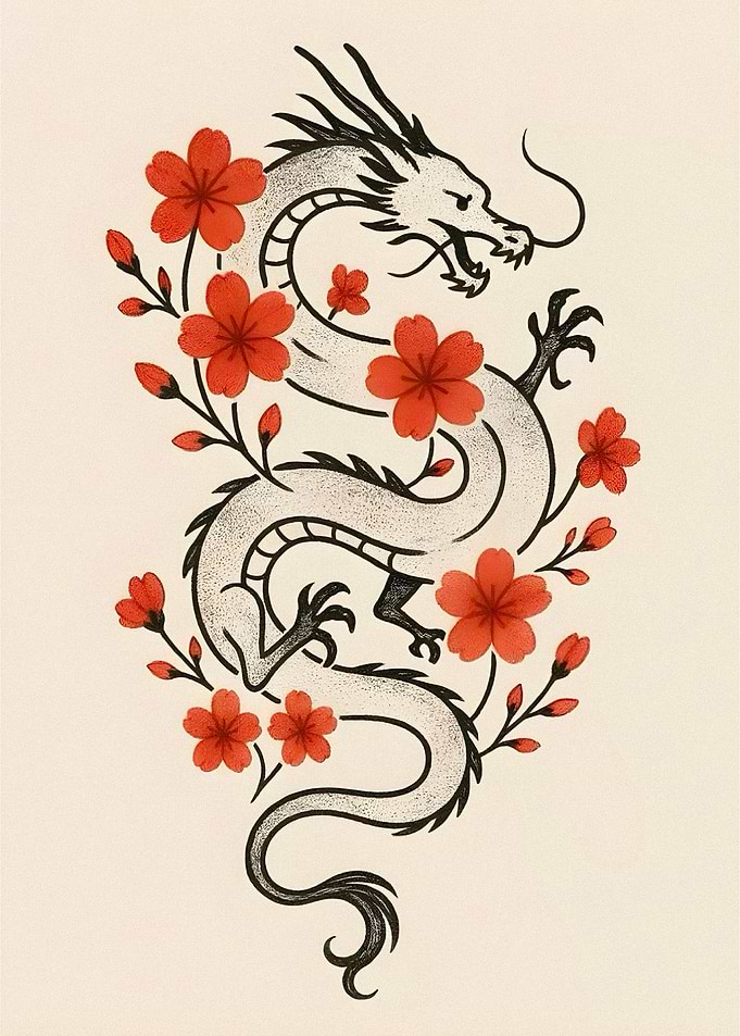 Dragon with Cherry Blossoms Tattoo Design