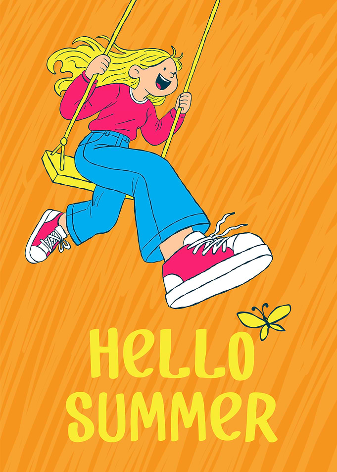 Girl on a swing saying hello to summer