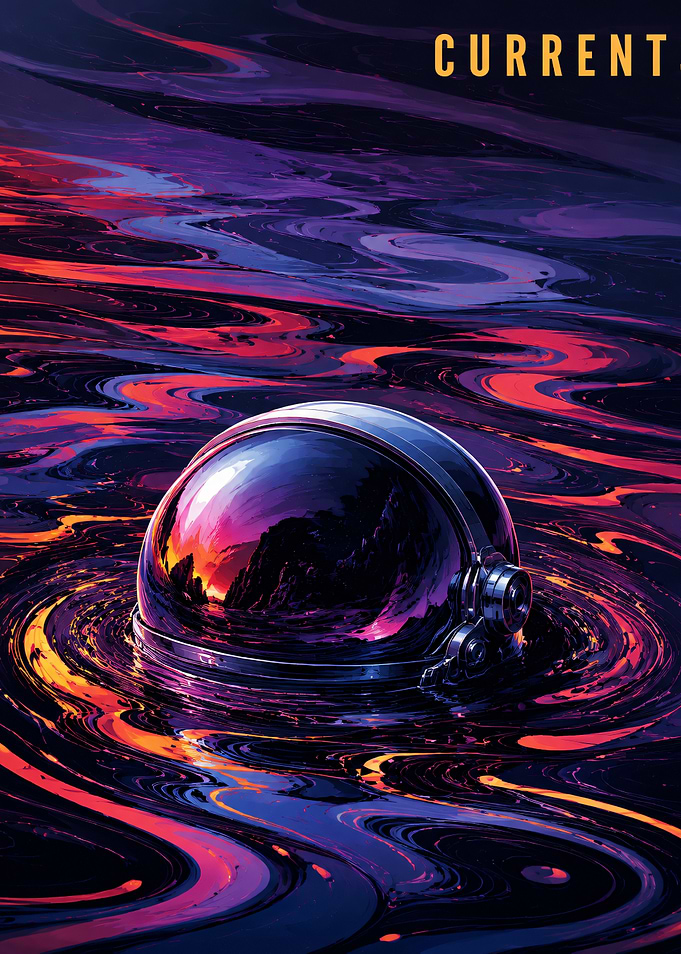 Astronaut Helmet in Cosmic Currents