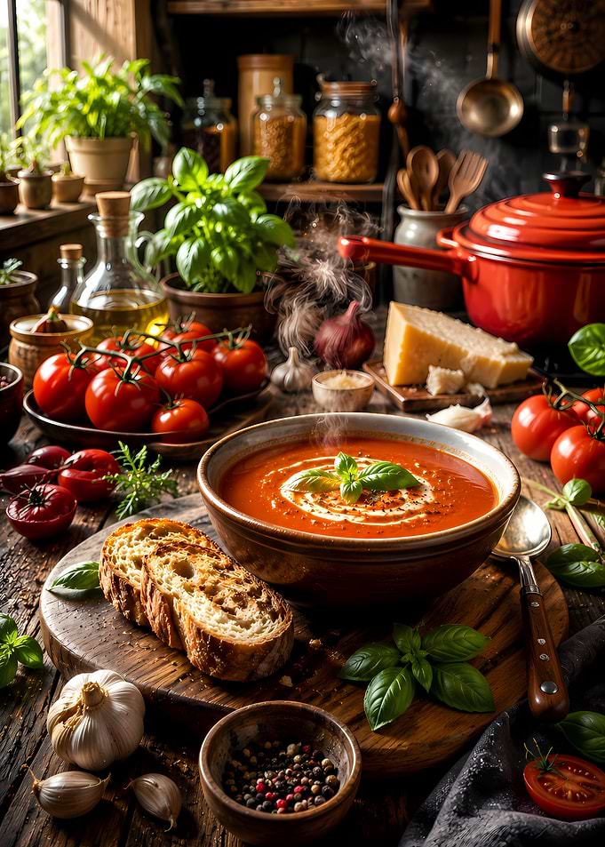 Steaming Tomato Soup with Bread
