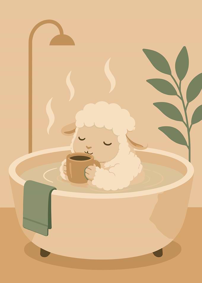 Cute Sheep Enjoying a Bath with Coffee