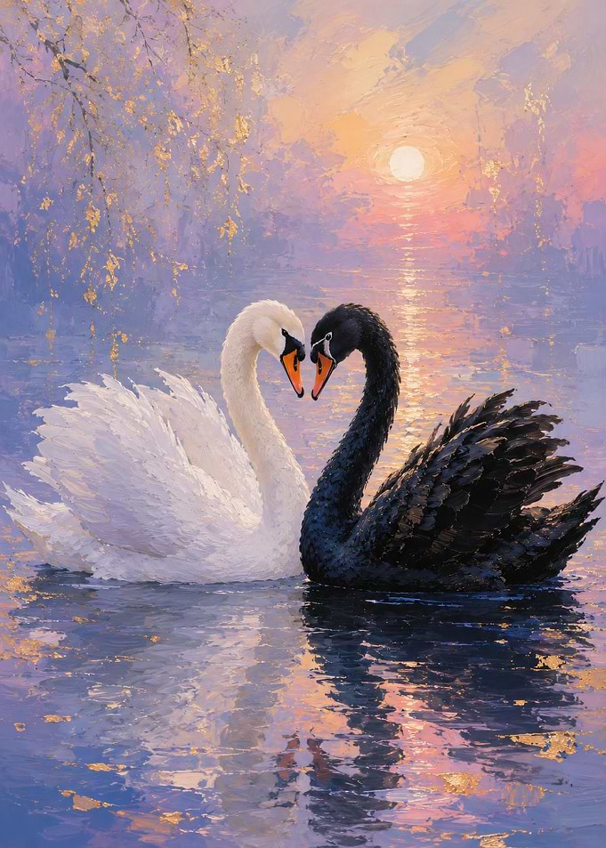 Two Swans in Sunset Reflection