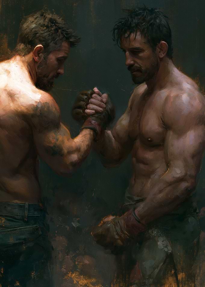 Two muscular men arm wrestling