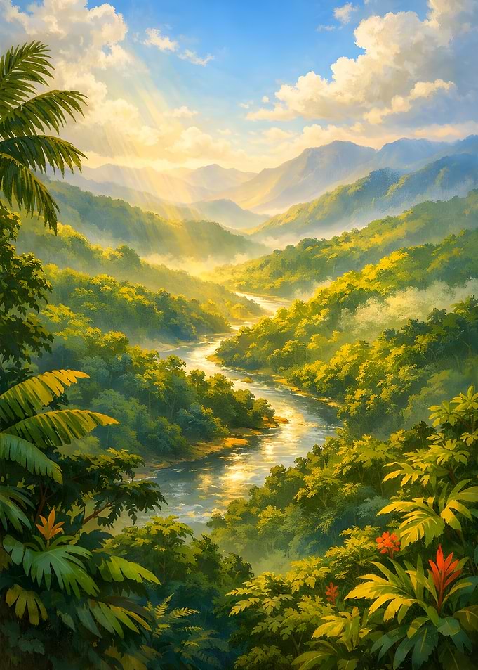 Lush Jungle River Valley at Sunrise