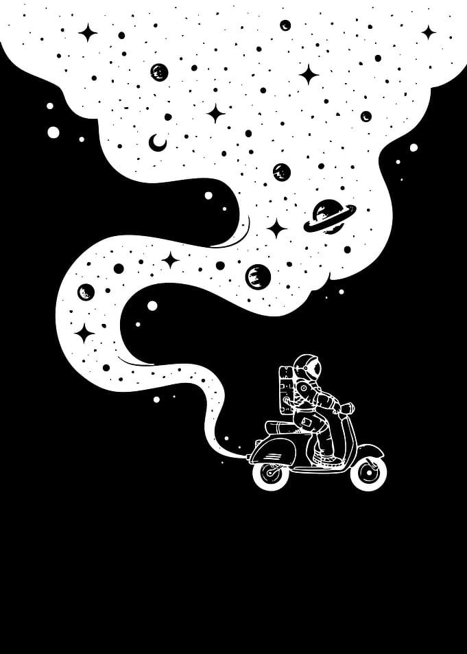 Astronaut riding a scooter through space