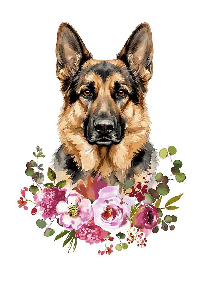 German Shepherd with Flowers