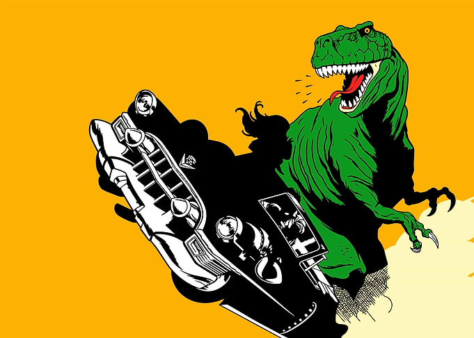 Dinosaur attacking a car