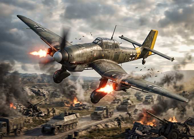WWII German Aircraft Attacking Ground Forces