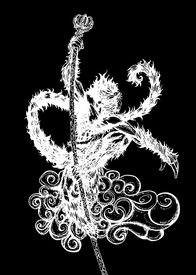 Monkey King with Staff on Clouds