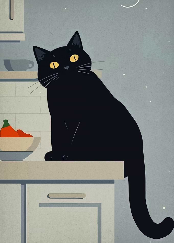 Black Cat on Kitchen Counter