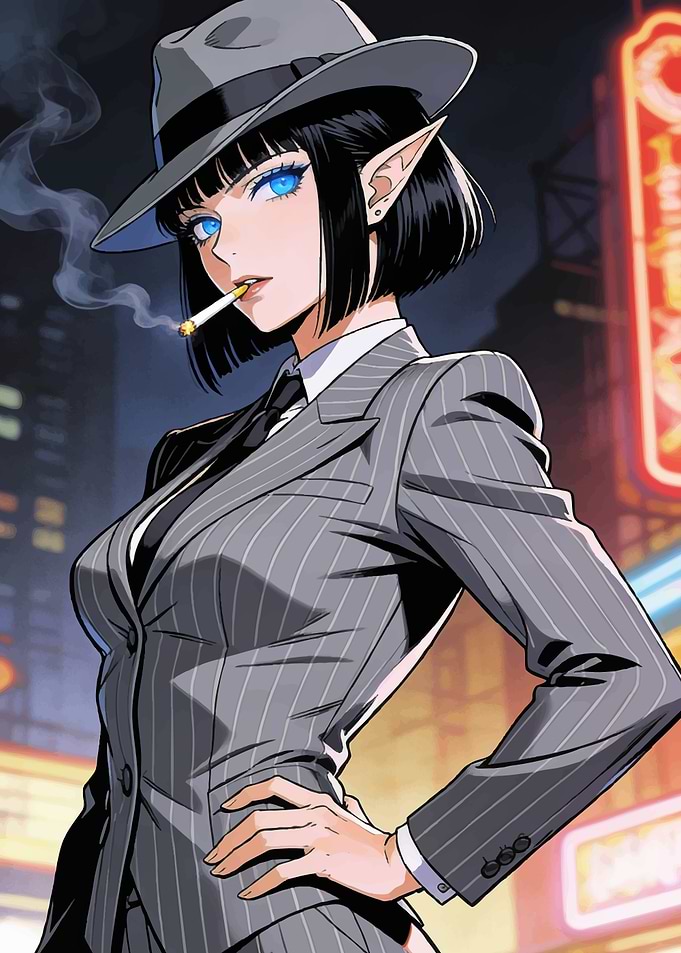 Anime Elf in Pinstripe Suit Smoking