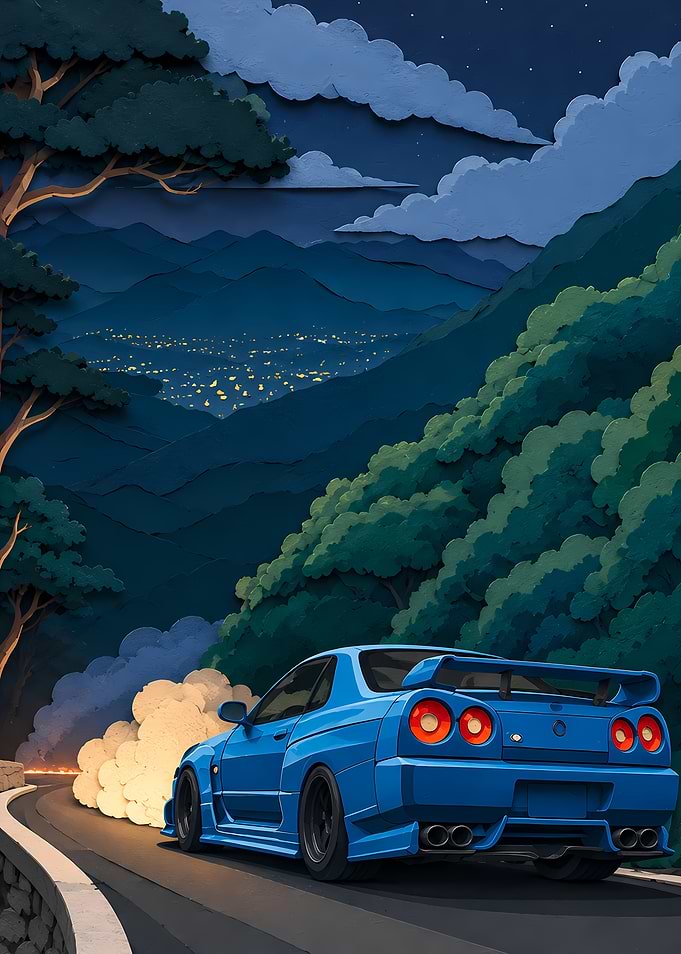 Blue Sports Car Drifting at Night