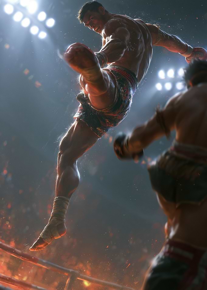 Muay Thai Fighter Kicking in Ring