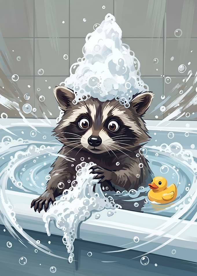 Bubbling Raccoon Bathroom Art