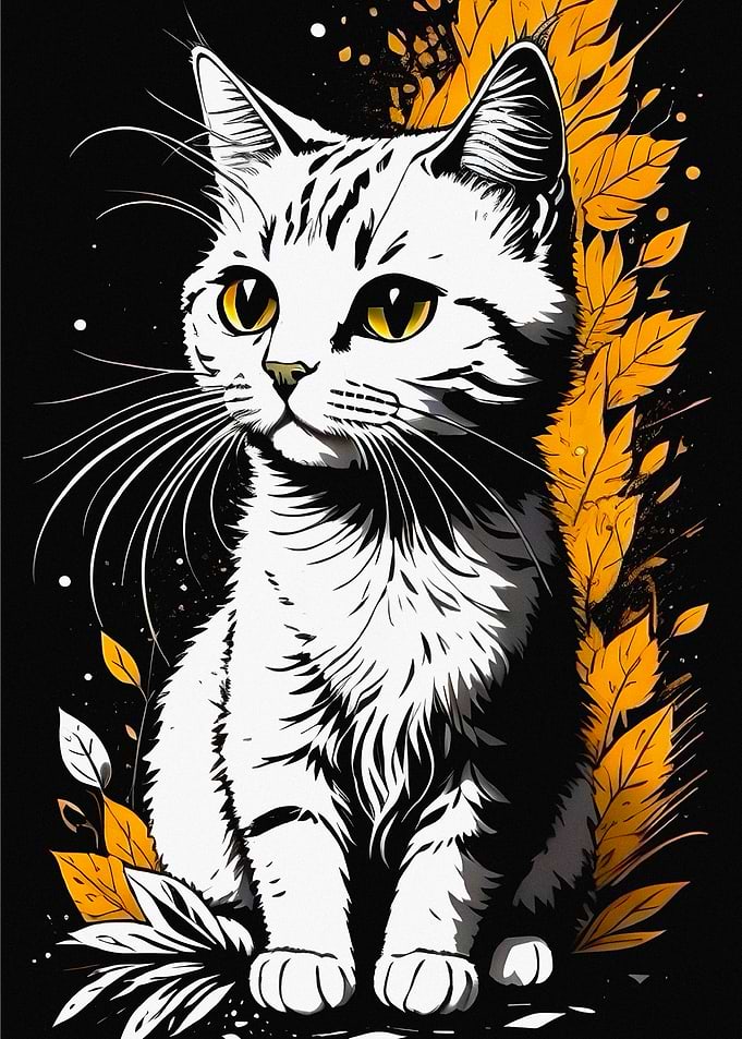 Stylized Cat with Autumn Leaves
