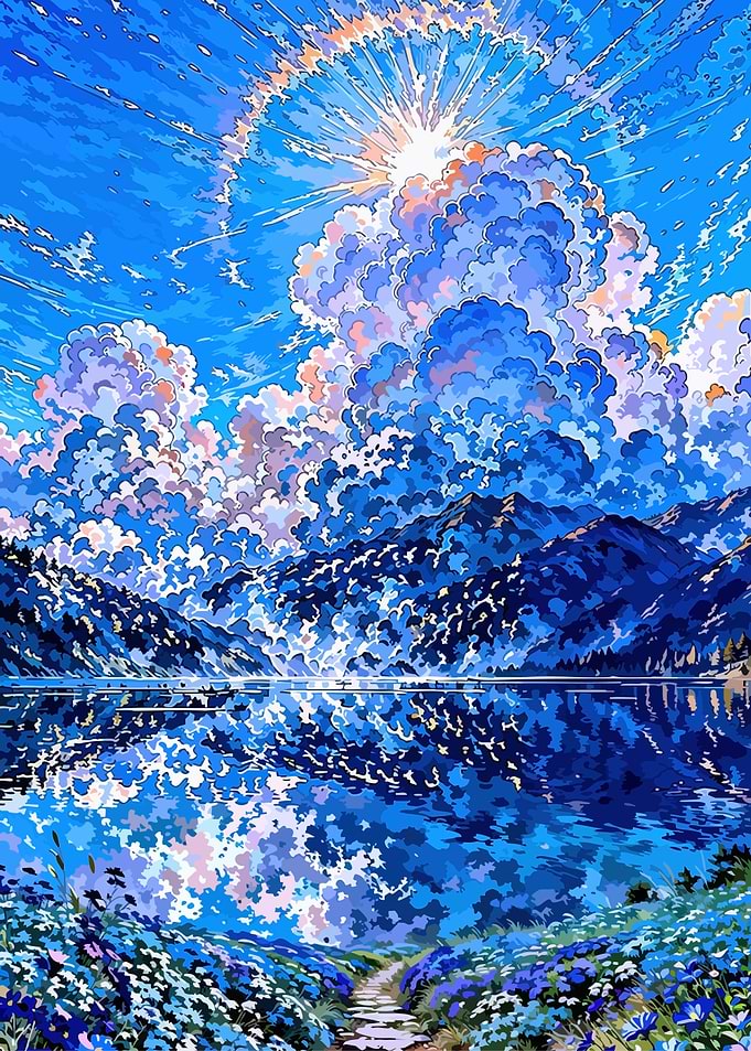 Vibrant Mountain Lake Under Dramatic Sky