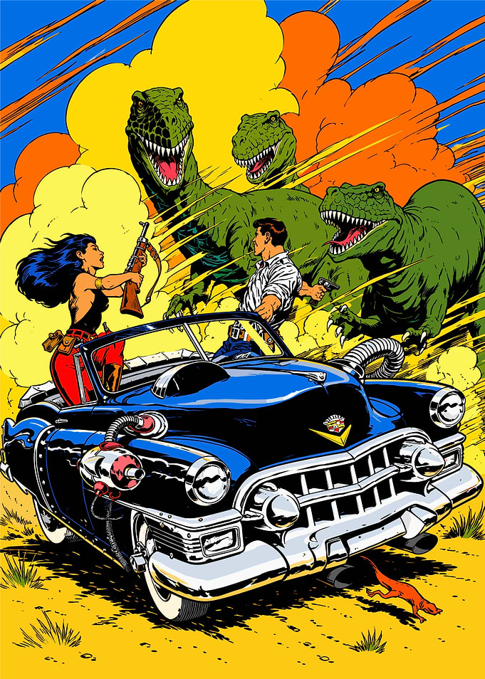 Woman and Man Escape Dinosaurs in Classic Car