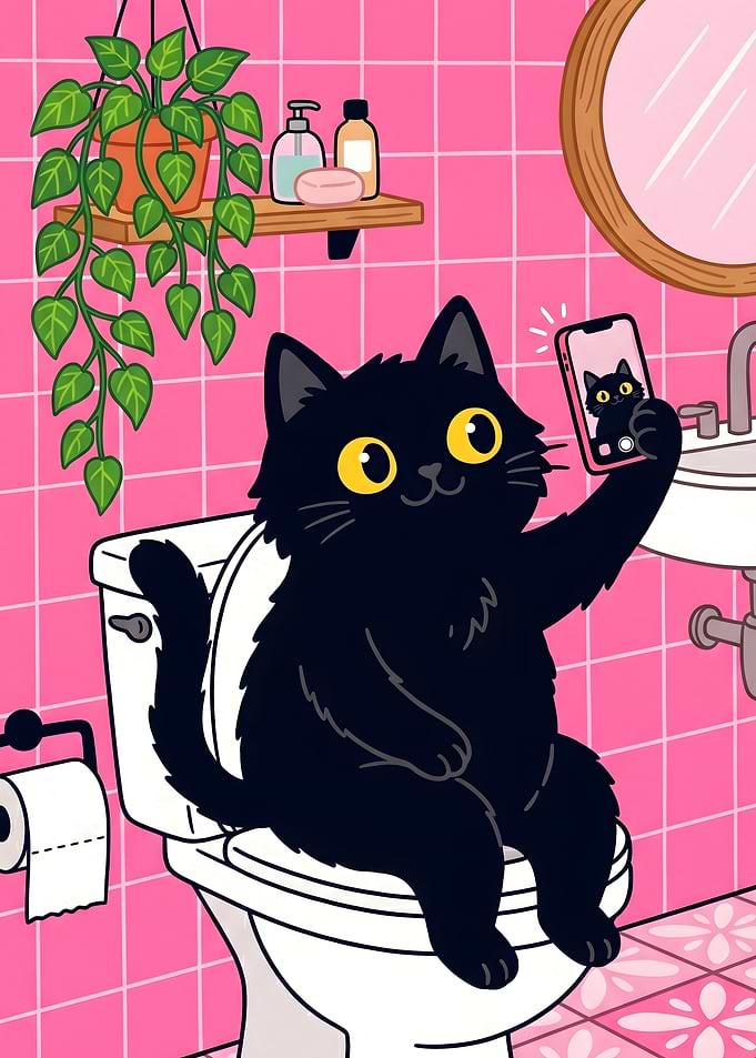 Black Cat Taking a Selfie on Toilet