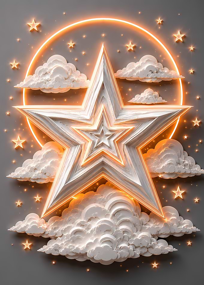 Glowing Star with Clouds and Stars