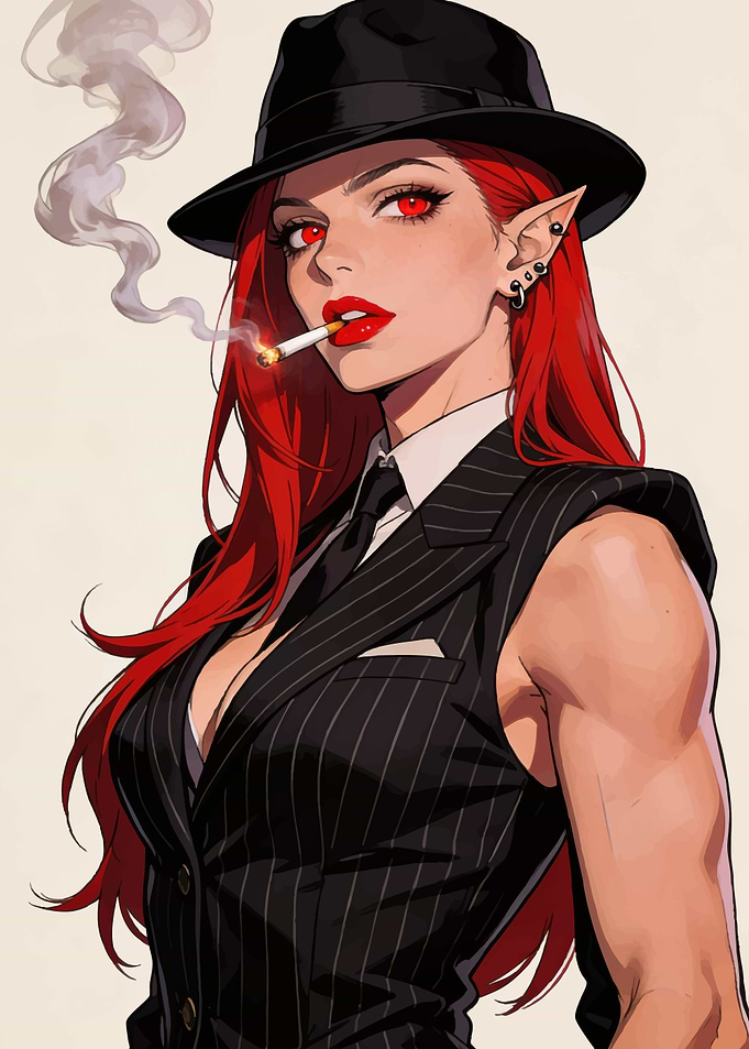 Anime Elf Woman in Suit Smoking