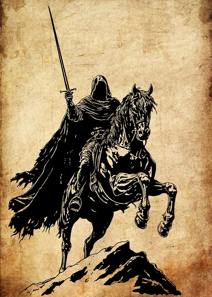 Hooded Rider with Sword on Horse