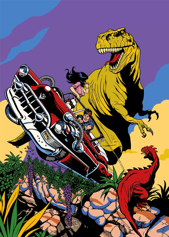 Dinosaur Chase in a Vintage Car