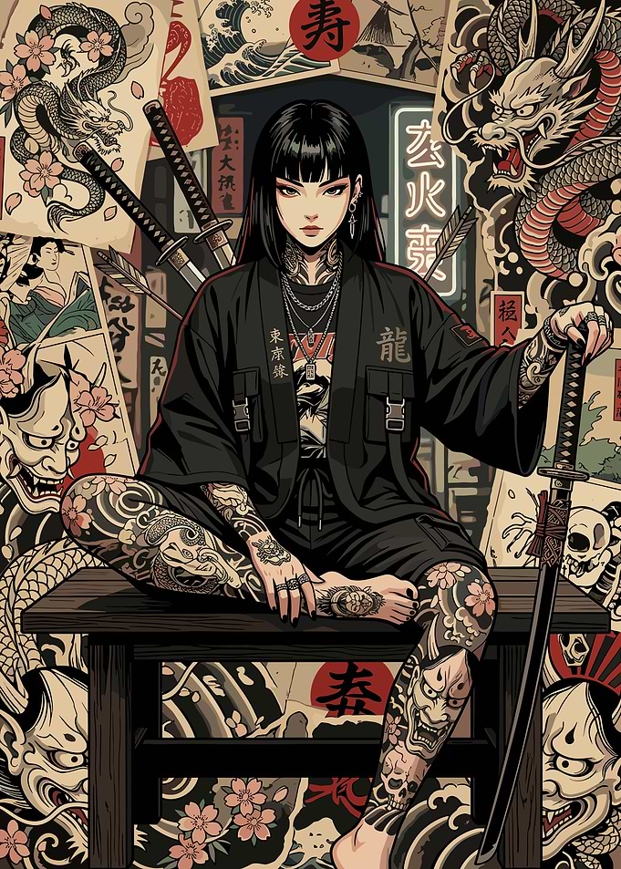 Tattooed Woman with Swords and Dragons