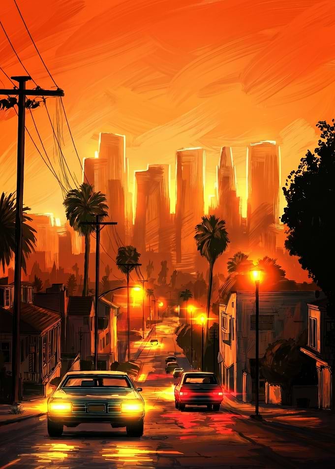 Cityscape at Sunset with Cars