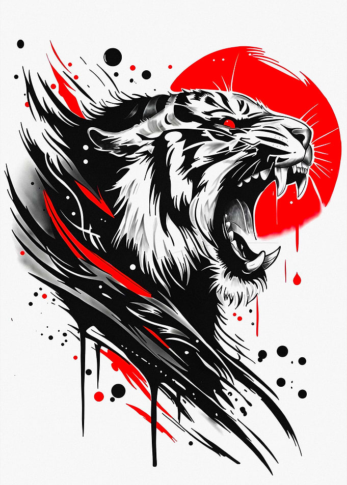 Aggressive Tiger Roaring with Red Sun