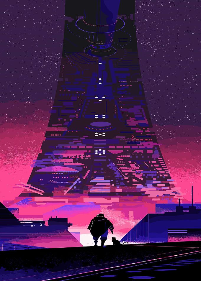 Man and cat observe futuristic city