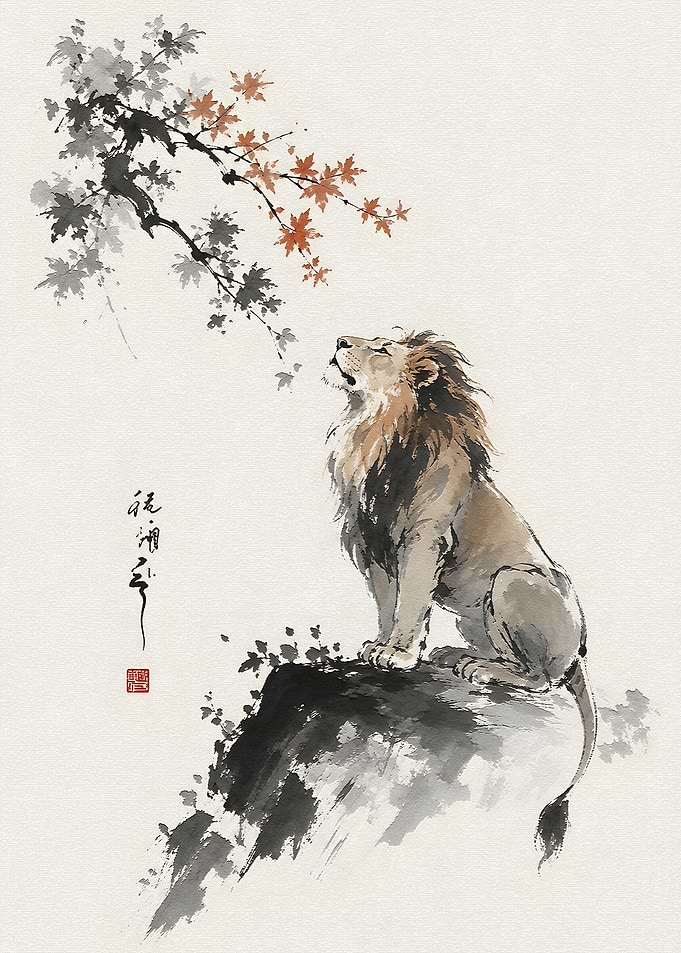 Lion Looking at Maple Leaves
