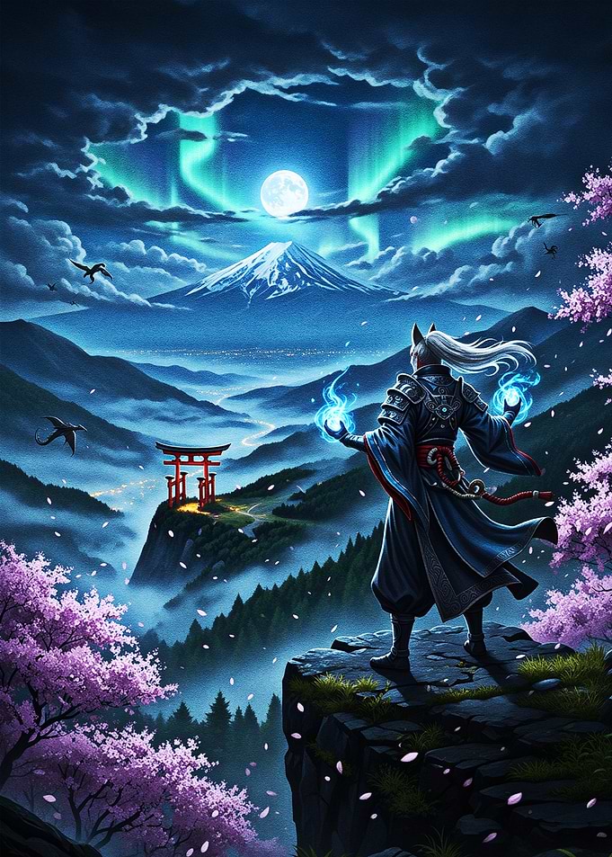 Mystic Fox Mage Under Aurora Sky