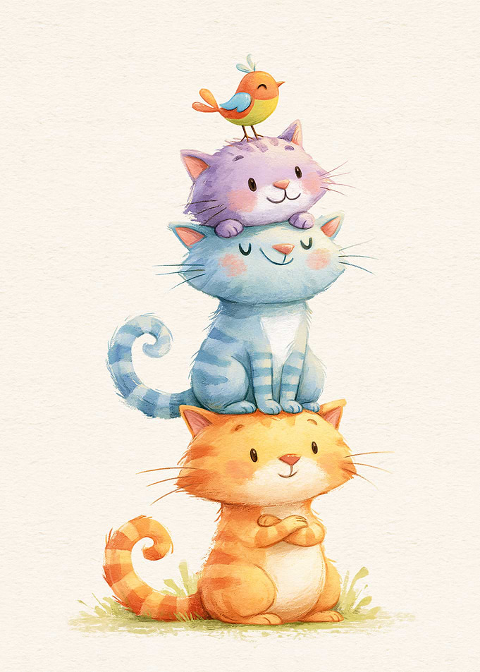 Cute Colorful Nursery Cats and Little Bird