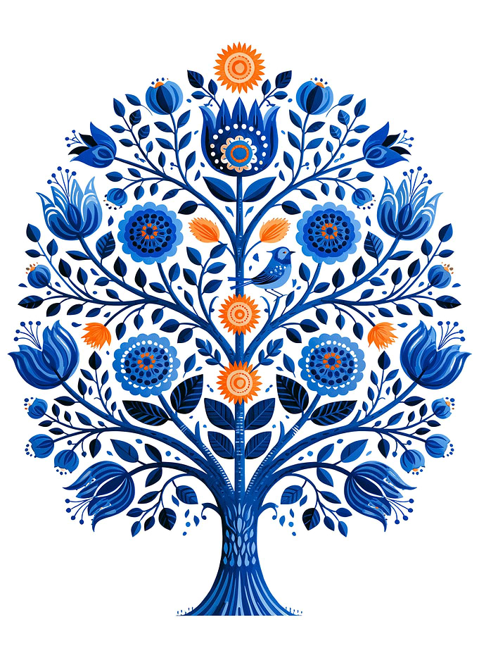 Folk Art Tree of Life – Vintage Blue Botanical Wall Art Print