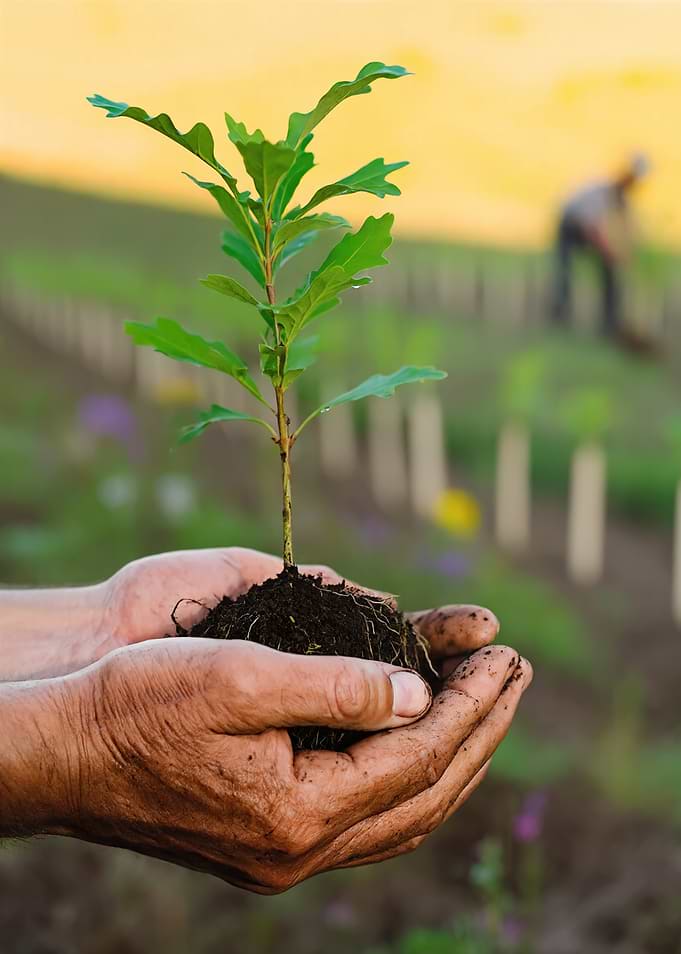 Hands holding a young oak sapling