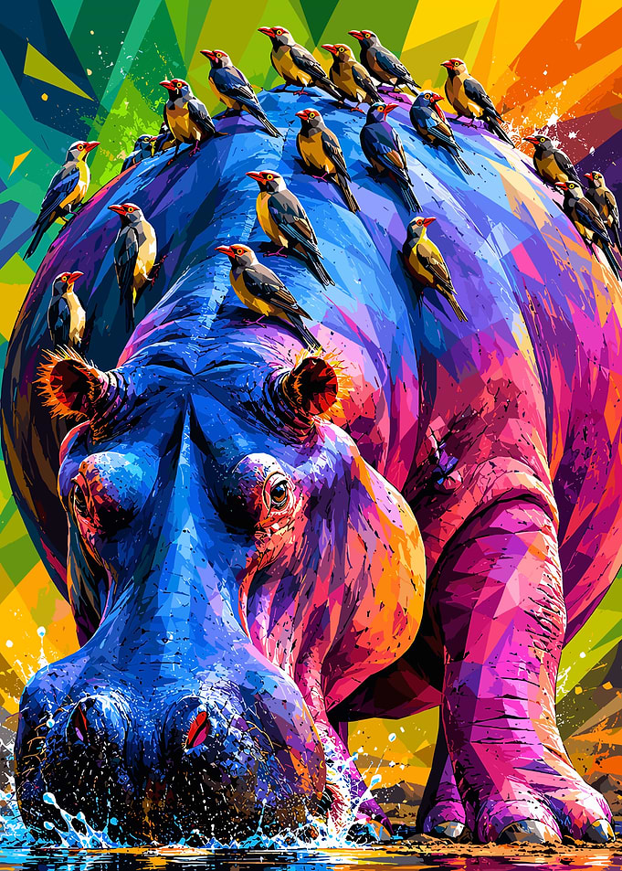 Colorful Hippo with Birds