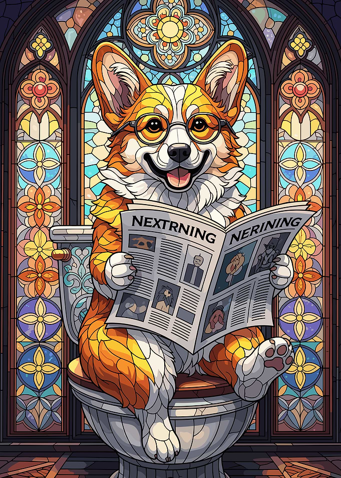 Corgi Reading Newspaper on Toilet